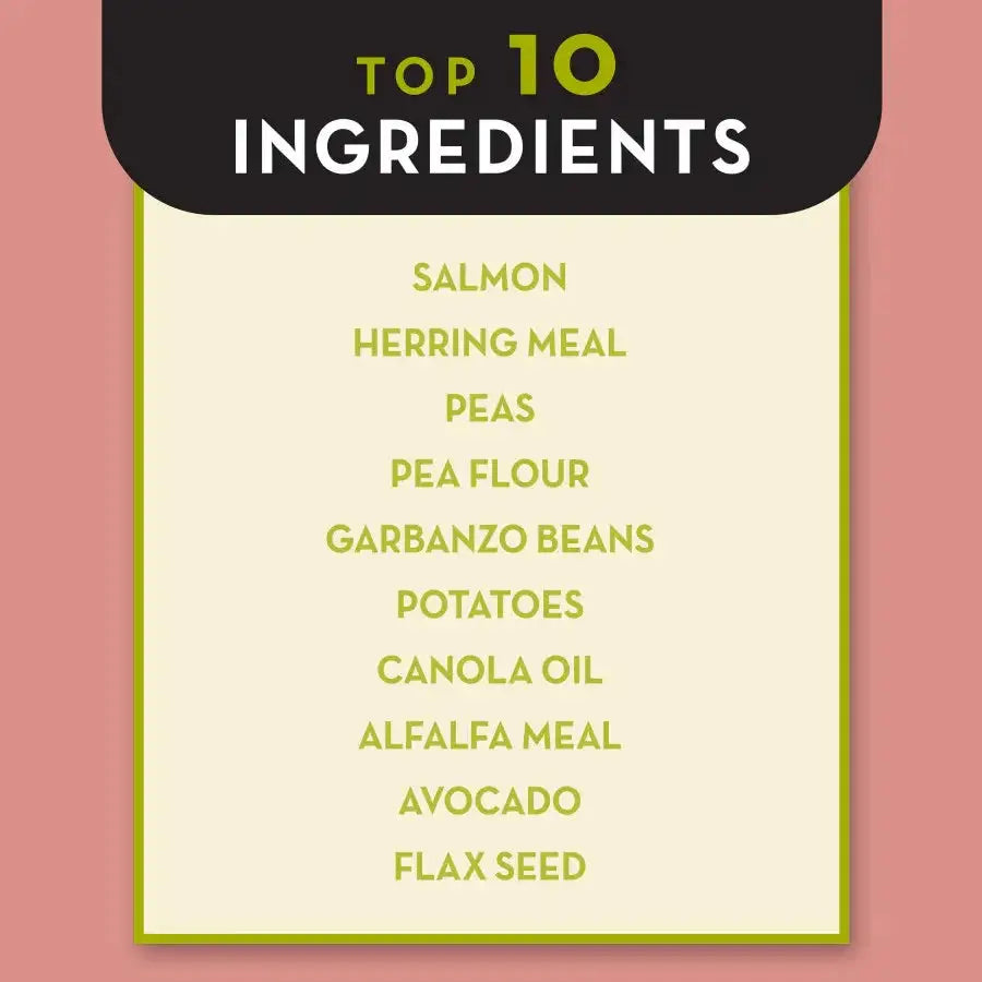 AvoDerm salmon and vegetables dog food showcasing top ingredients including salmon and peas for healthy pups