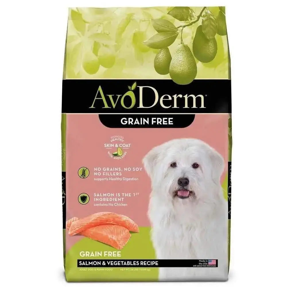 AvoDerm salmon and vegetables dog food in a bag featuring a dog and fresh ingredients