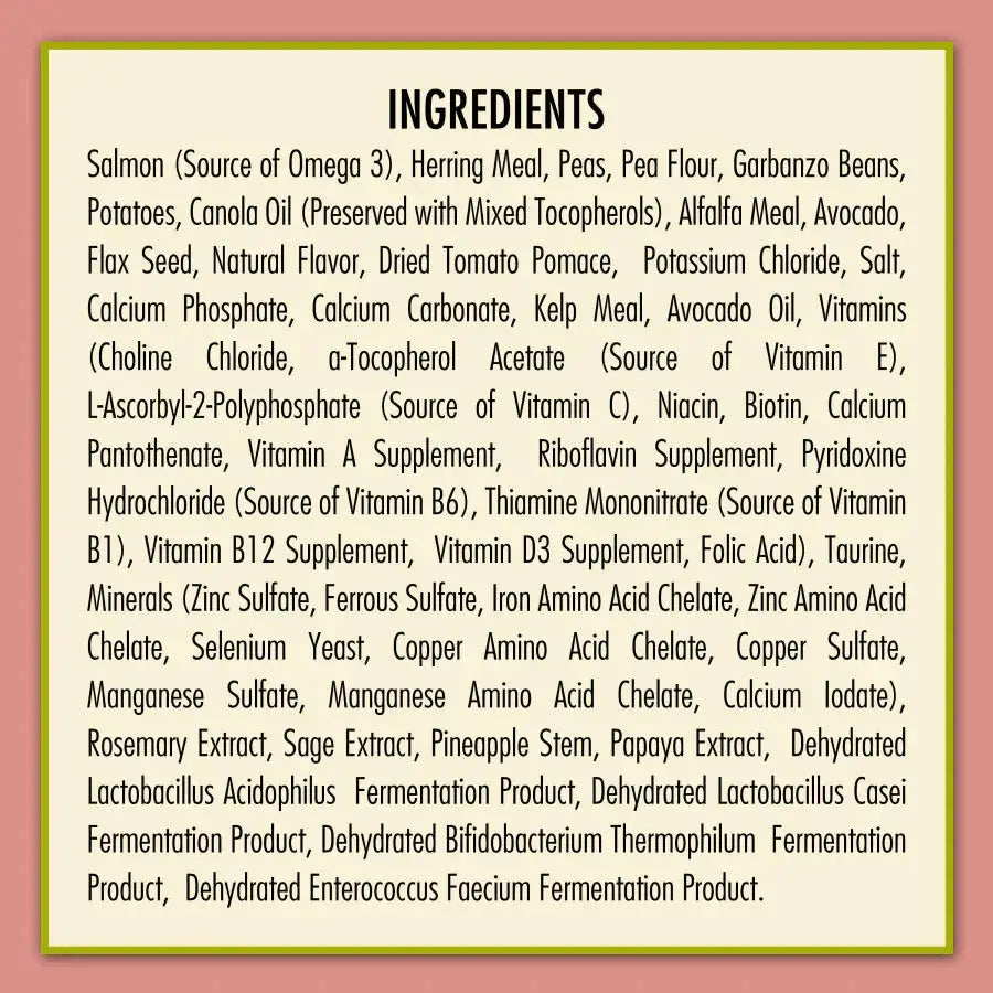 Ingredients list for AvoDerm salmon and vegetables dog food highlighting key components for pets
