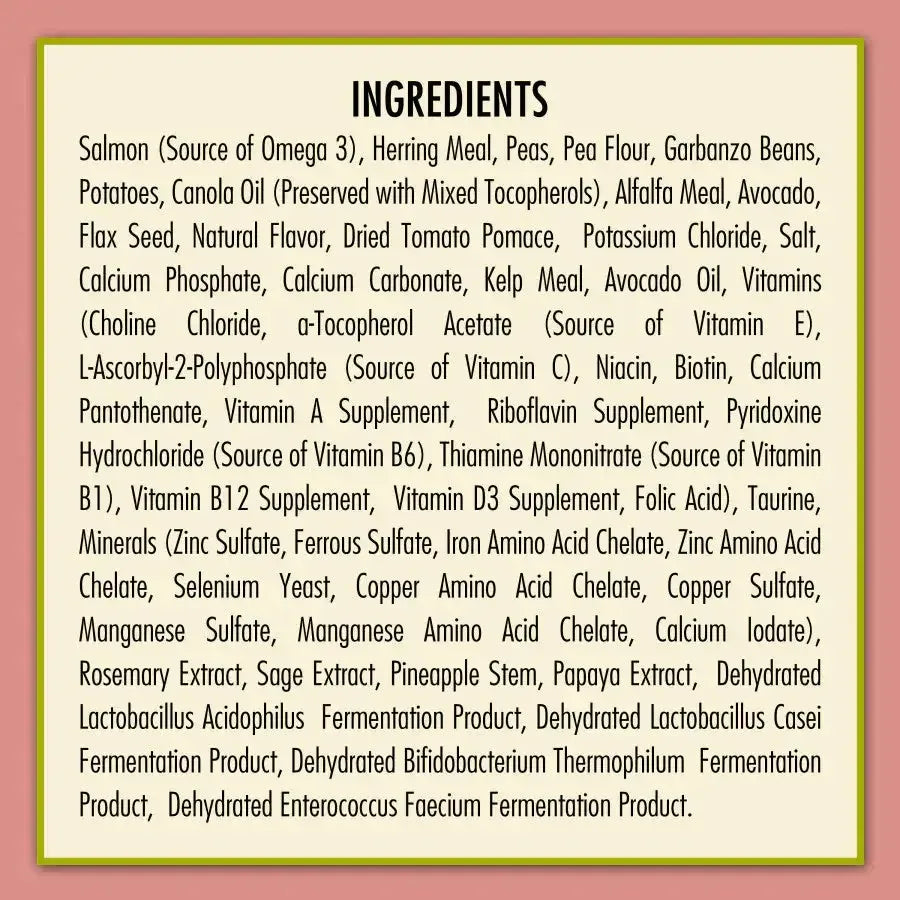 Ingredients list for AvoDerm salmon and vegetables dog food highlighting key components for pets