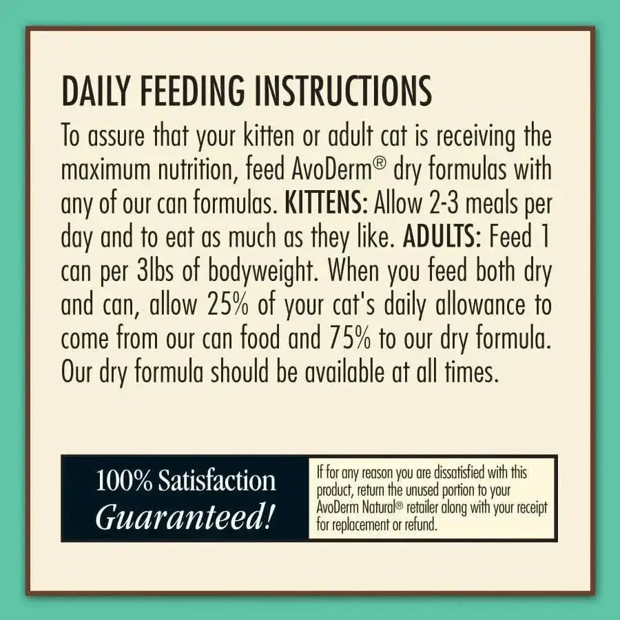 A sign with daily feeding instructions for kittens and adults, featuring meal amounts, info on AvoDerm Grain Free Sardine Shrimp & Crab Entree in Gravy Canned Cat Food 24/3oz, and a 100% satisfaction guarantee from AvoDerm at the bottom.