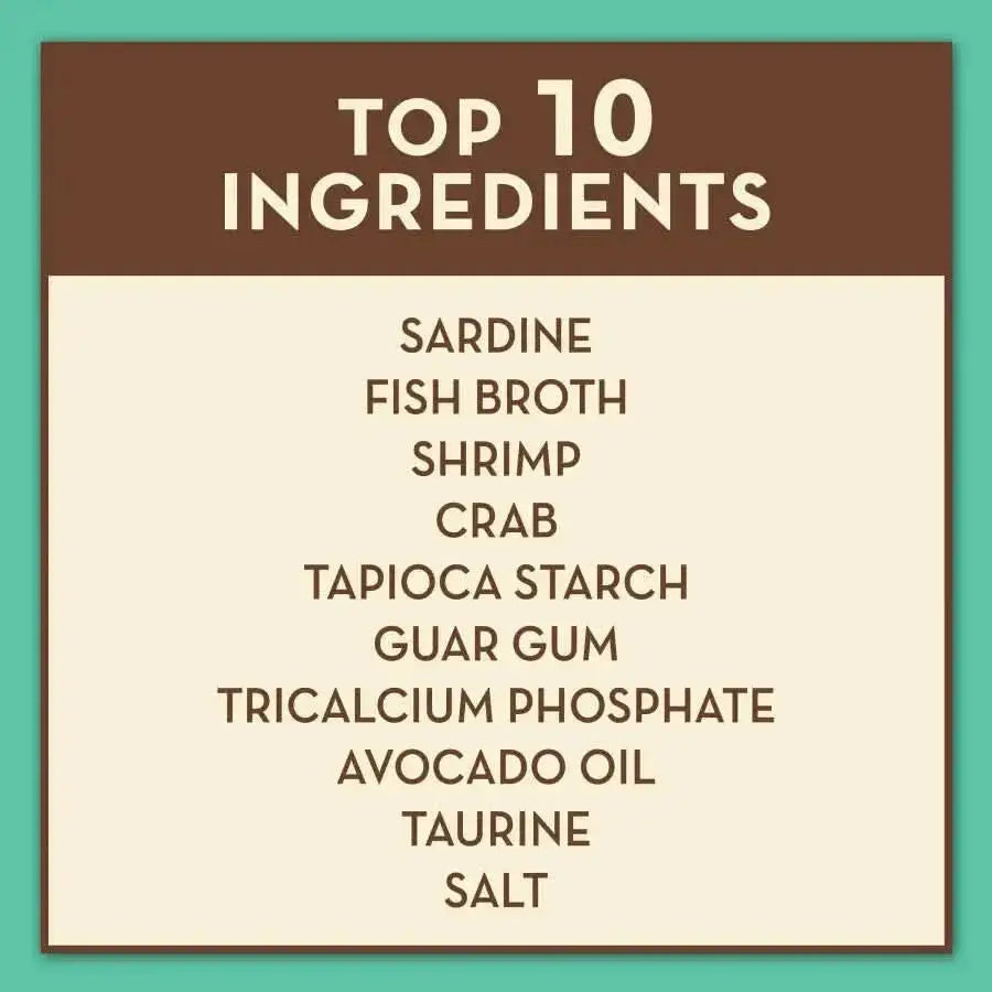 AvoDerm Grain Free Sardine Shrimp & Crab Entree in Gravy Canned Cat Food lists sardine, fish broth, shrimp, crab, tapioca starch, guar gum, tricalcium phosphate, avocado oil, taurine, and salt as its top 10 ingredients.