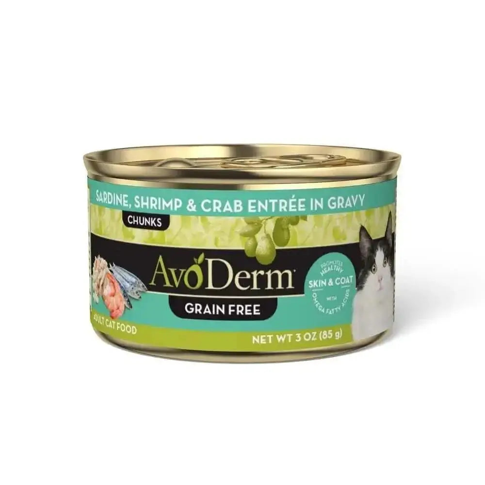A 3 oz can of AvoDerm Grain Free Sardine Shrimp & Crab Entree in Gravy Canned Cat Food features a cat image, seafood graphics, and highlights skin and coat benefits. Brand: AvoDerm. Net weight: 3 oz (85 g).