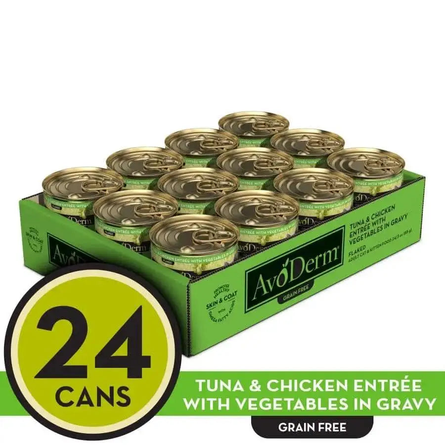 AvoDerm Grain Free Tuna & Chicken w/ Vegetables in Gravy Canned Cat Food 24/3oz features neatly arranged cans in green and gold packaging.
