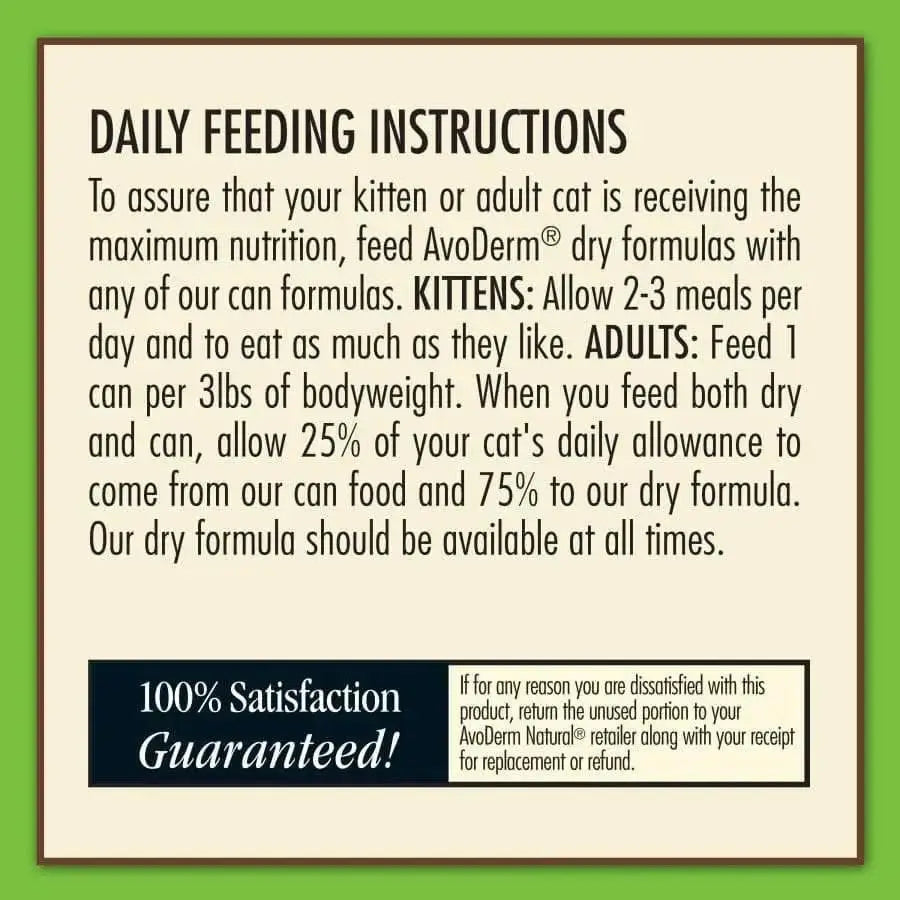 AvoDerm Grain Free Tuna & Chicken w/ Vegetables in Gravy Canned Cat Food 24/3oz feeding label offers meal guidelines for kittens and adults, with a 100% satisfaction guarantee displayed at the bottom.