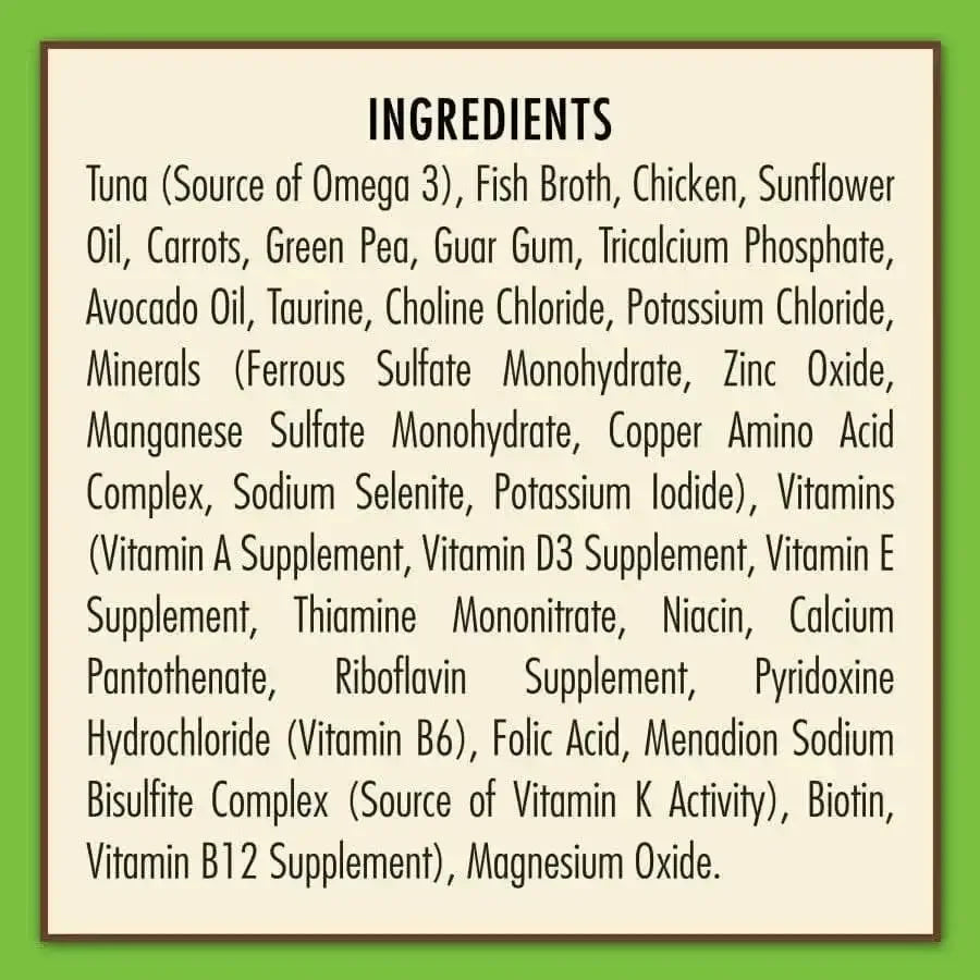 A yellow box displays the ingredients for AvoDerm Grain Free Tuna & Chicken w/ Vegetables in Gravy Canned Cat Food (24/3oz), including tuna, fish broth, chicken, veggies, vitamins, minerals, and supplements. Ingredients is in bold at the top.