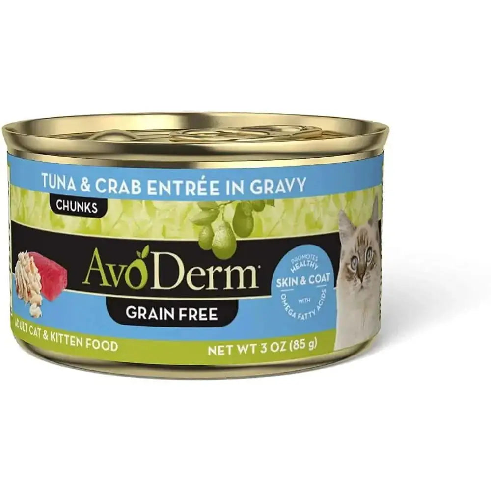 A 3 oz (85g) can of AvoDerm Grain Free Tuna & Crab Entree in Gravy Canned Cat Food for adult cats and kittens, featuring a cat image, avocado graphics, and labels for skin and coat health. Comes in packs of 24.