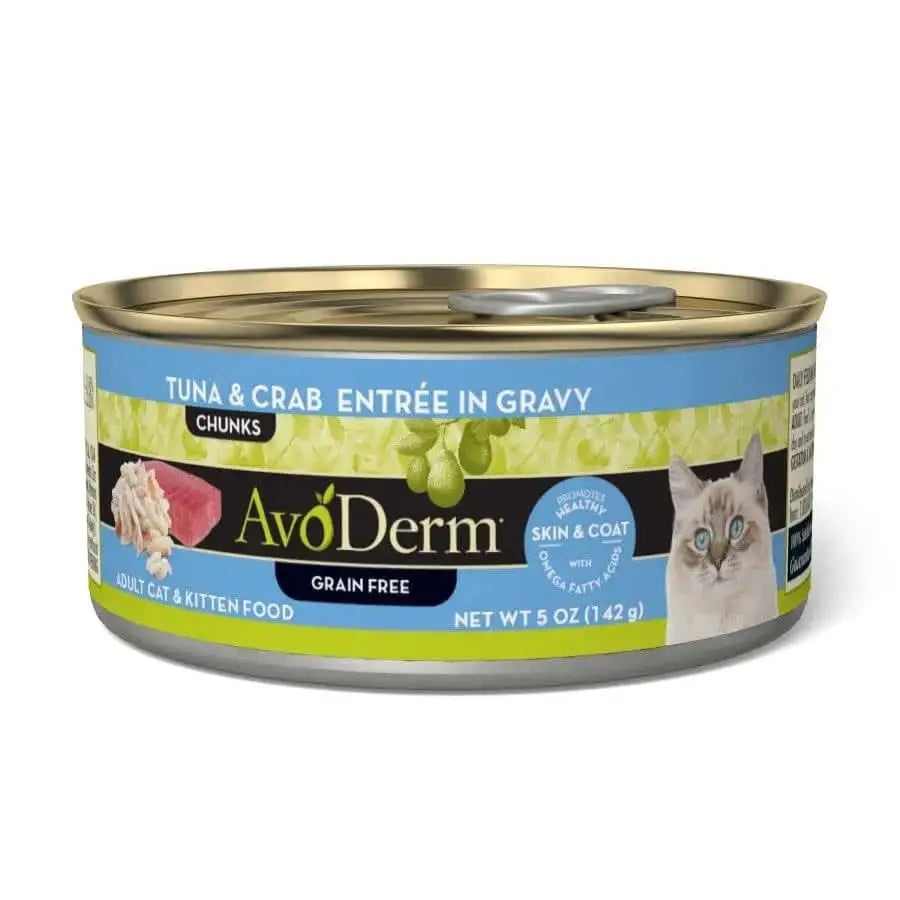 AvoDerm Grain Free Tuna & Crab Entree in Gravy Canned Cat Food, 5 oz, features images of a cat, tuna, crab meat, and avocado on the label. This AvoDerm food supports your cat’s skin and coat health. Pack of 24 cans.