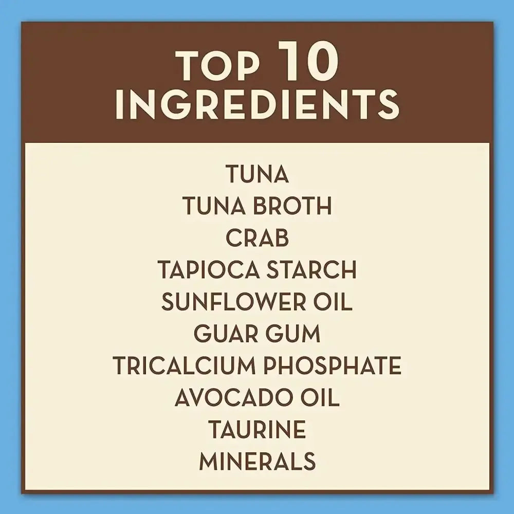 AvoDerm Grain Free Tuna & Crab Entree in Gravy Canned Cat Food features a Top 10 Ingredients list, including tuna, crab, and tapioca starch, on a beige background—perfect wet food for your feline.