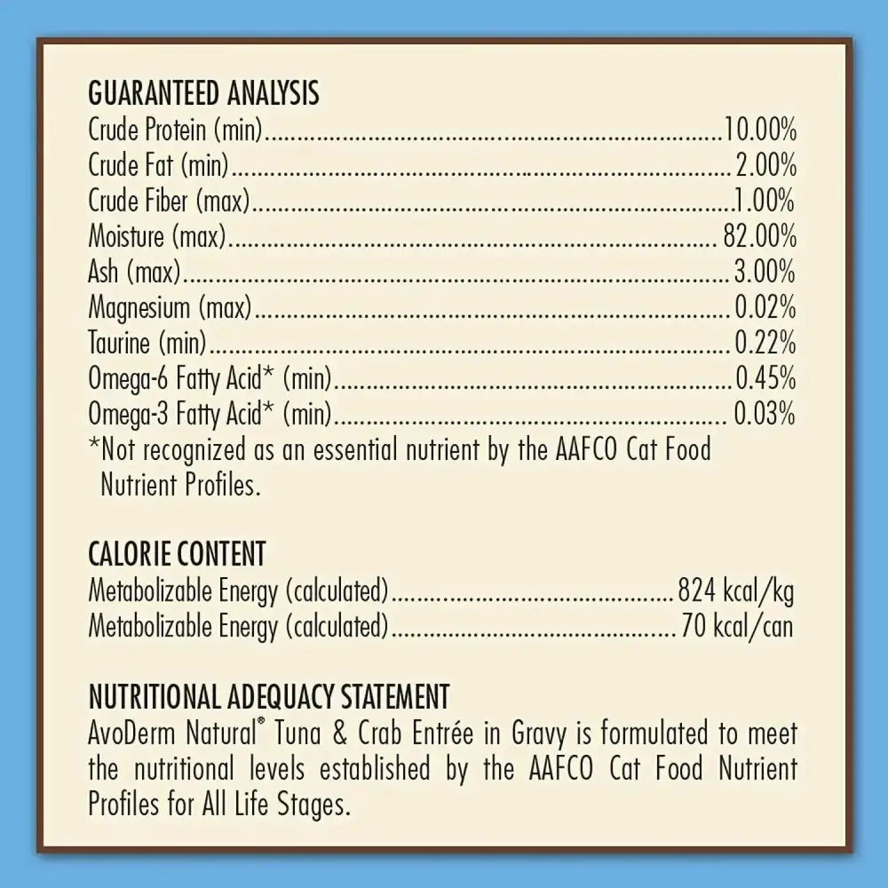 The AvoDerm Grain Free Tuna & Crab Entree in Gravy Canned Cat Food label shows percentages of protein, fat, fiber, moisture, minerals, omega-6 and omega-3 fatty acids, calorie content, and a nutritional adequacy statement.