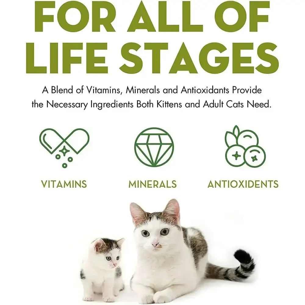 AvoDerm Grain Free Tuna & Crab Entree in Gravy Canned Cat Food provides essential vitamins, minerals, and antioxidants for kittens and adult cats. Icons show nutrients plus kitten and adult cat images. Suitable for all life stages.
