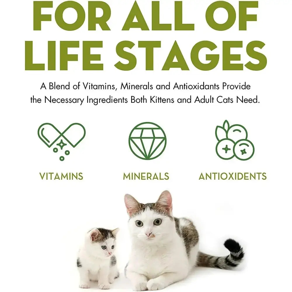 AvoDerm Grain Free Tuna & Crab Entree in Gravy Canned Cat Food provides essential vitamins, minerals, and antioxidants for kittens and adult cats. Icons show nutrients plus kitten and adult cat images. Suitable for all life stages.