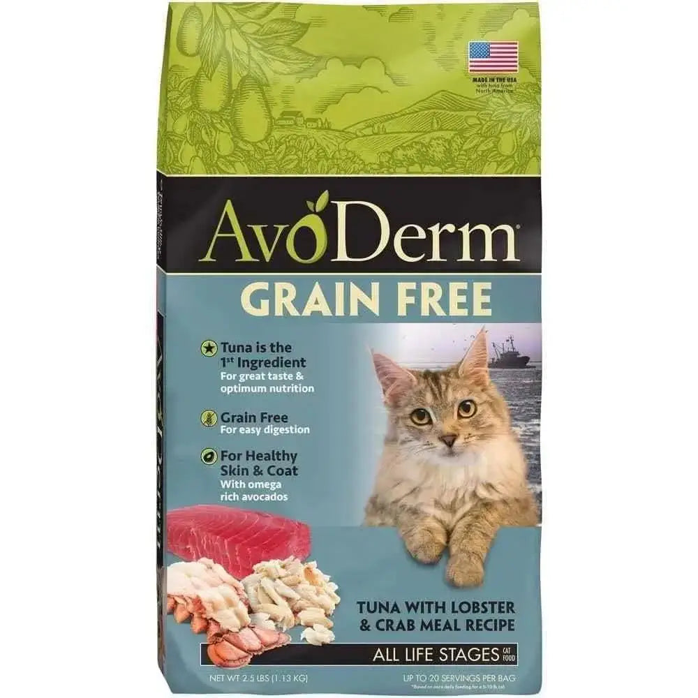 AvoDerm Grain Free Tuna with Lobster & Crab Meals Dry Cat Food features a cat image, tuna, lobster, and crab illustrations, plus text highlighting tuna as the first ingredient, grain-free formula, and omega-rich avocados.