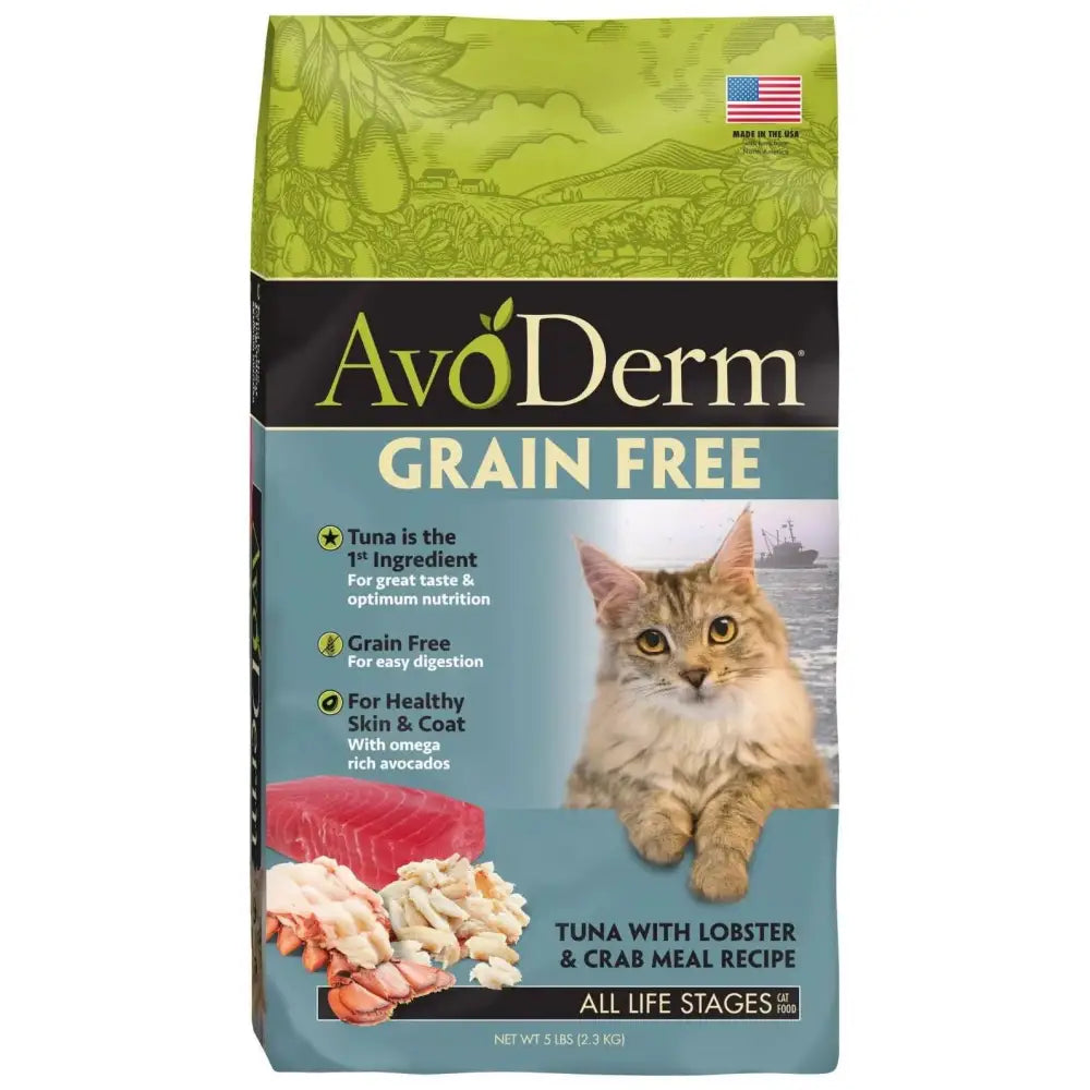 AvoDerm Grain Free Tuna with Lobster & Crab Meals Dry Cat Food features a cat image, tuna, lobster, and crab visuals, plus text highlighting its grain-free formula and health benefits.