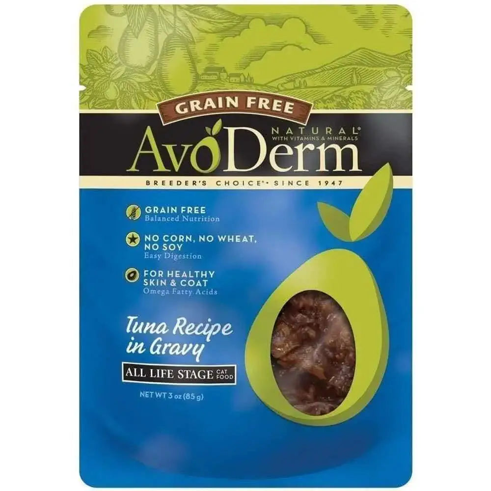 AvoDerm Grain Free Tuna Recipe in Gravy Wet Cat Food Pouch, 24ea/3oz, features avocado graphics and highlights omega-rich nutrition for healthy skin and coat; no corn, wheat, or soy; 100% grain free.
