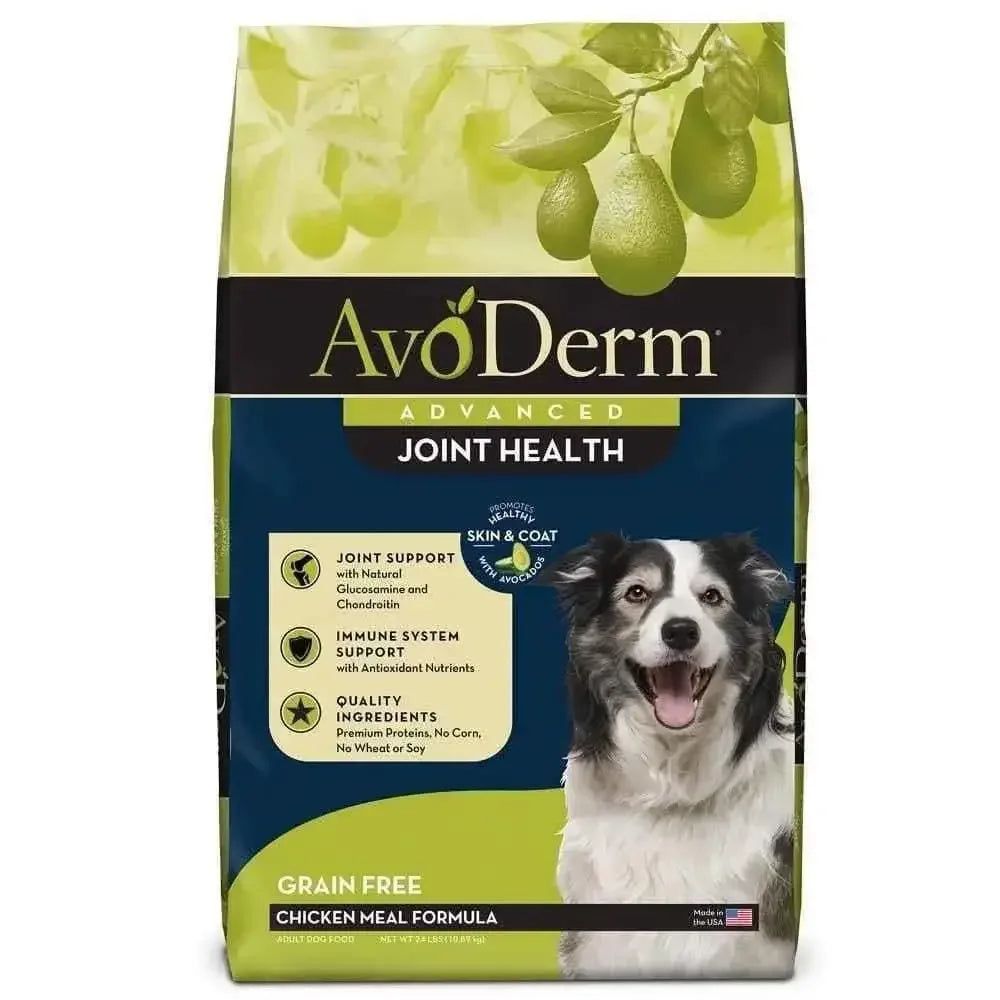 AvoDerm Joint Health Grain Free Chicken Meal Formula Dry Dog Food by AvoDerm supports joint health with premium chicken meal, featuring avocado illustrations and a happy Border Collie on the bag.