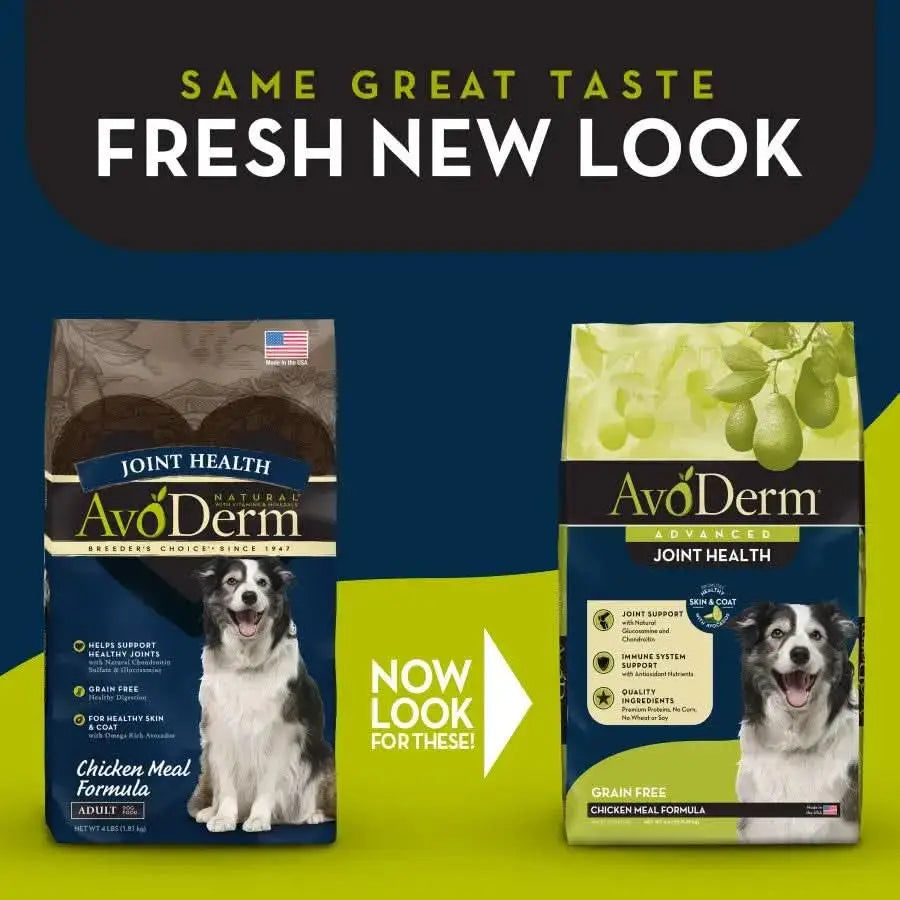 Two bags of AvoDerm Joint Health Grain Free Chicken Meal Formula Dry Dog Food are shown side by side, with “Same Great Taste, Fresh New Look.” The left bag is the old AvoDerm design; the right showcases the updated joint health packaging.