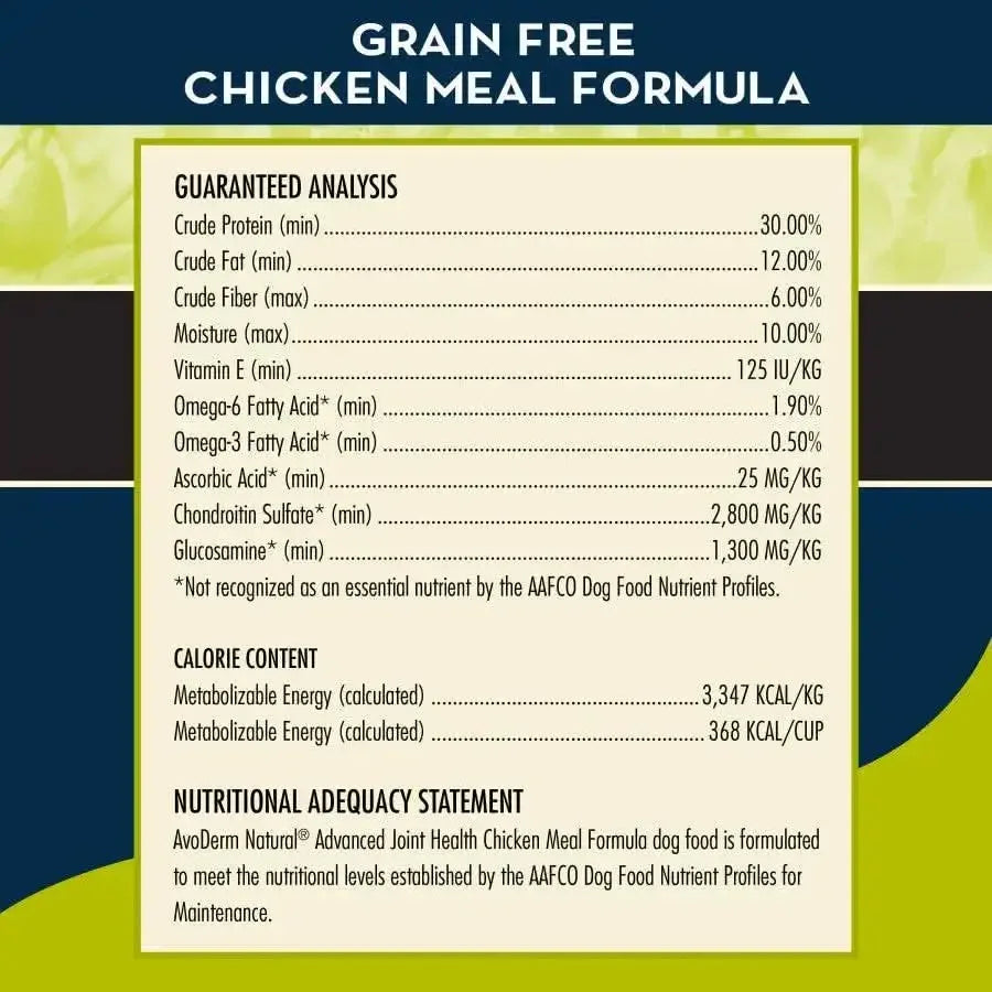 The AvoDerm Joint Health Grain Free Chicken Meal Formula Dry Dog Food label displays guaranteed nutrient analysis, calorie content, and notes that this grain free food meets AAFCO adult dog maintenance standards.