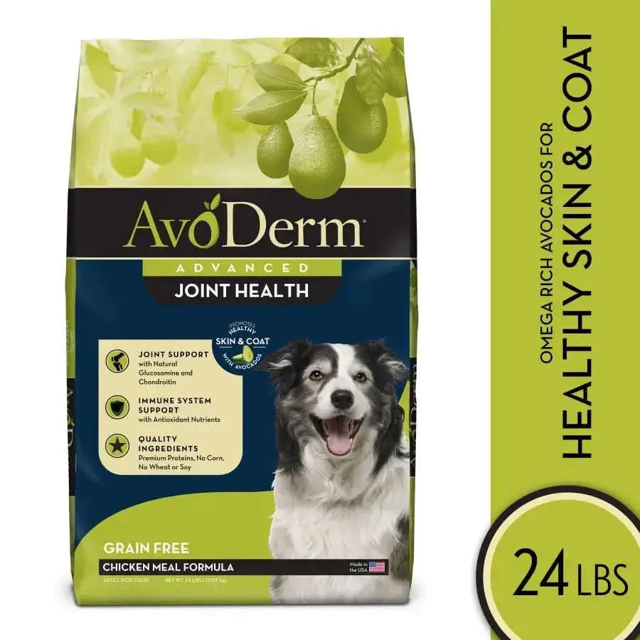 A 24 lb bag of AvoDerm Joint Health Grain Free Chicken Meal Formula Dry Dog Food features a black and white dog, avocados, and highlights omega-rich avocados for healthy skin, coat, and joint support.