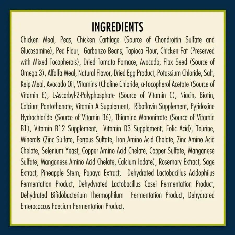 A beige box with a blue border lists ingredients for AvoDerm Joint Health Grain Free Chicken Meal Formula by AvoDerm, featuring chicken meal, peas, chicken cartilage, garbanzo beans, and more to support joint health and overall wellness.