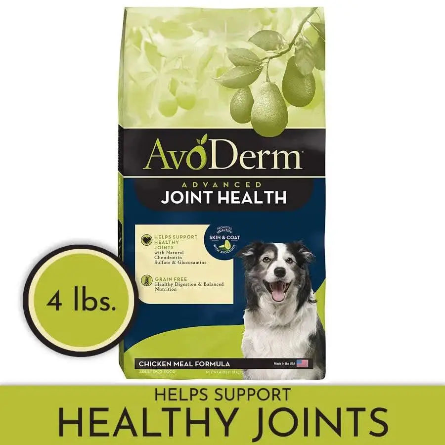 AvoDerm Joint Health Grain Free Chicken Meal Formula Dry Dog Food, 4 lbs, showcases a happy dog, avocado imagery, and labels emphasizing joint support and skin and coat benefits.