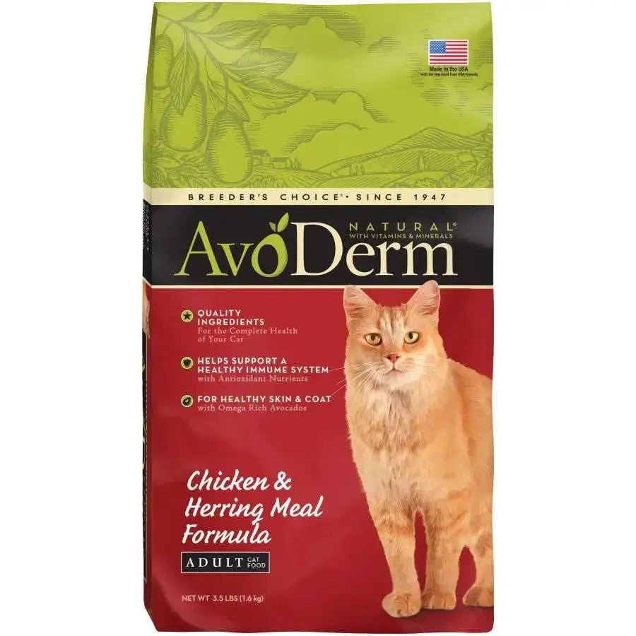 AvoDerm Natural Adult Chicken & Herring Meal Dry Cat Food comes in green and red packaging featuring an orange cat and highlights the nutrition and benefits of this AvoDerm dry cat food.