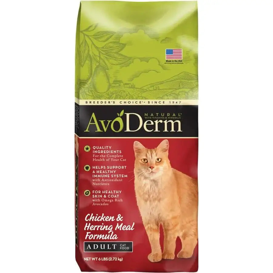 AvoDerm Natural Adult Chicken & Herring Meal Dry Cat Food features an orange cat and product benefits on its red and green packaging.