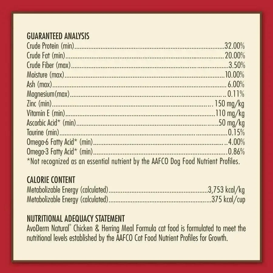 The nutrition label for AvoDerm Natural Adult Chicken & Herring Meal Dry Cat Food lists protein, fat, fiber, moisture, ash, minerals, vitamins, omegas from chicken and herring meal, calorie content, and an AAFCO statement for adult cats.