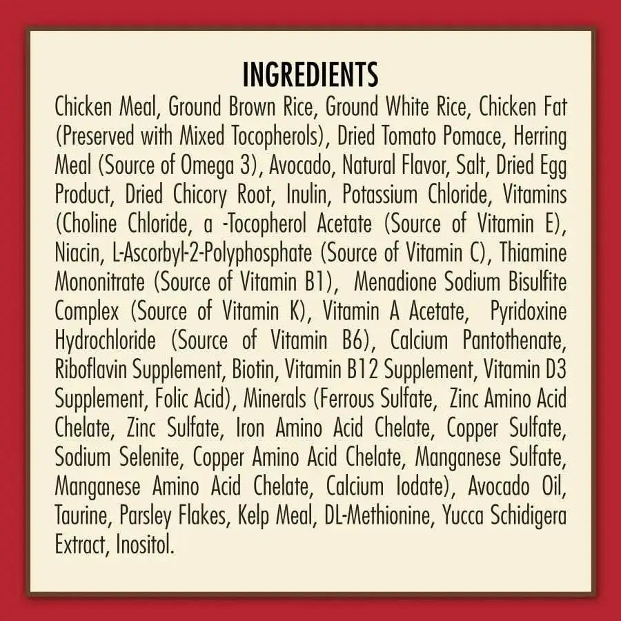 AvoDerm Natural Adult Chicken & Herring Meal Dry Cat Food by AvoDerm features a red-bordered ingredients label with an organized list, including chicken & herring meal, grains, vitamins, minerals, amino acids, and supplements.