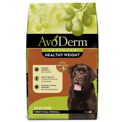 AvoDerm Natural Advanced Healthy Weight Dry Dog Food by AvoDerm features a chocolate Labrador image, avocado graphics, and highlights weight management, joint, and immune support on the front of the bag.