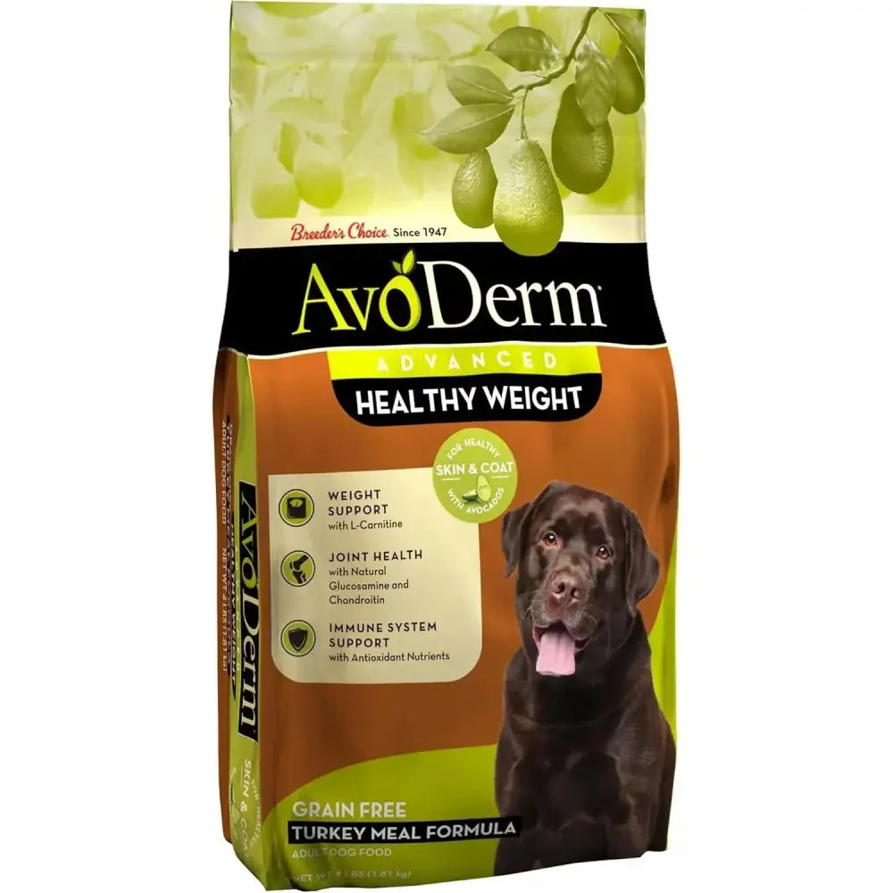 AvoDerm Natural Advanced Healthy Weight Dry Dog Food features a chocolate Labrador Retriever image, avocado graphics, and labels showing grain free turkey meal formula and weight management benefits.