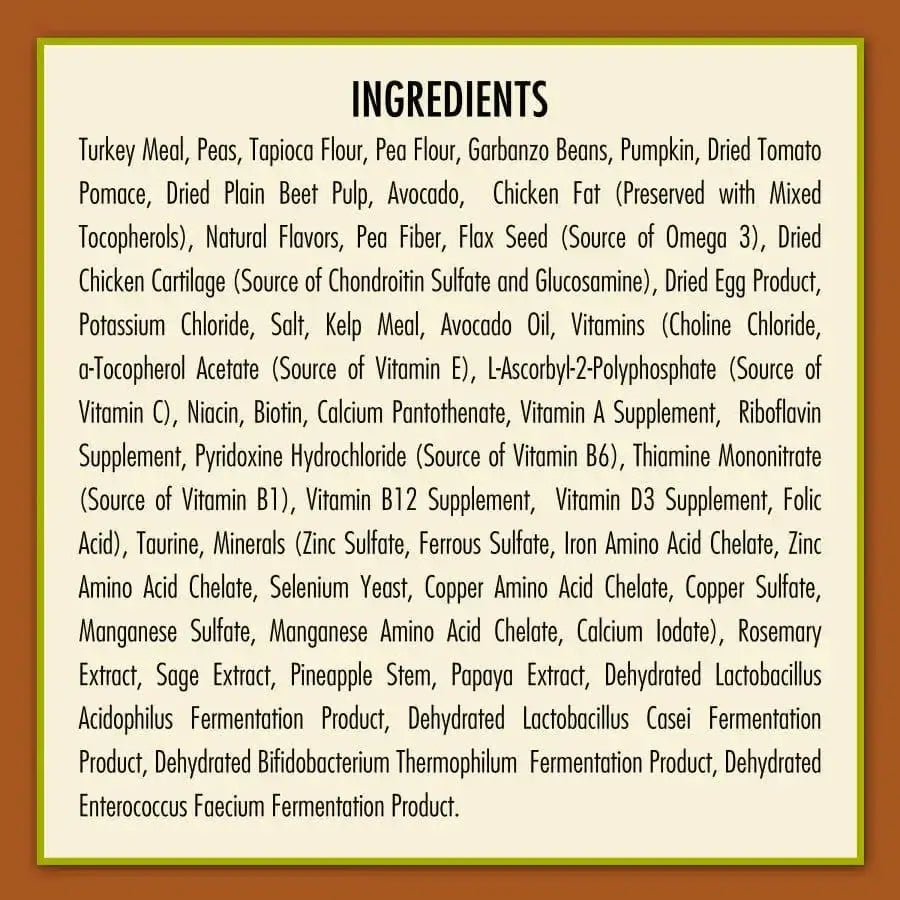 AvoDerm Natural Advanced Healthy Weight Dry Dog Food by AvoDerm features a bold INGREDIENTS heading on a yellow background, listing meats, vegetables, oils, vitamins, minerals, probiotics, and supplements—ideal for grain-free diets.