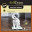 A small grey and white dog sits on a scale next to kibble. The packaging showcases AvoDerm Natural Advanced Healthy Weight Dry Dog Food, by AvoDerm, featuring avocados for healthy skin and coat.