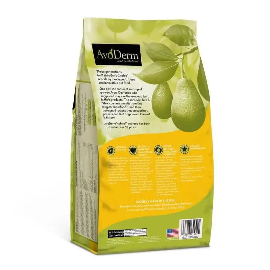 A yellow and green bag of AvoDerm Natural Advanced Sensitive Support Small Breed Beef Formula Dry Dog Food by AvoDerm, featuring avocados, product info, benefit icons, and an American flag in the bottom right corner.