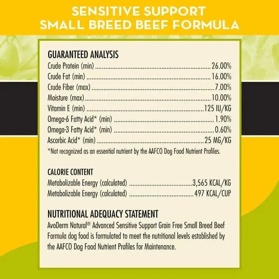 Yellow and green label for AvoDerm Natural Advanced Sensitive Support Small Breed Beef Formula Dry Dog Food, showing nutritional analysis, calorie content, and adequacy statement in black text on a white and yellow background.