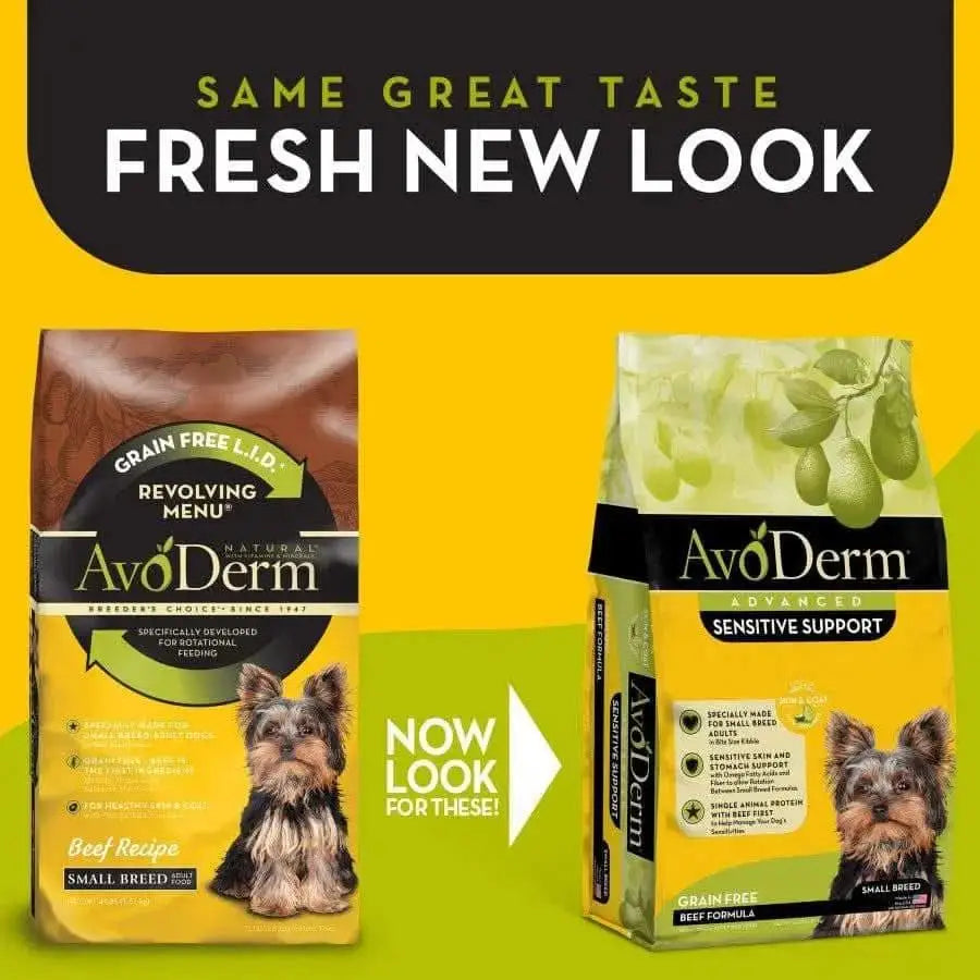 Two bags of AvoDerm Natural Advanced Sensitive Support Small Breed Beef Formula Dry Dog Food are side by side—one in old packaging and one with a Fresh New Look. Both feature a small dog image and yellow-green colors.