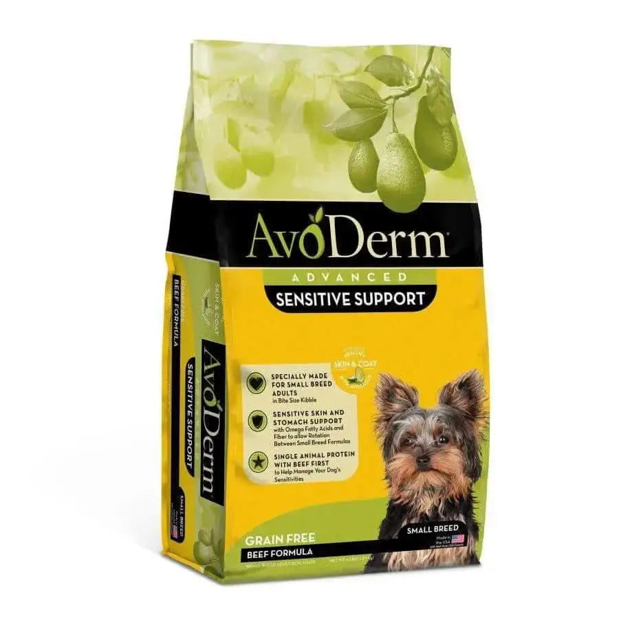 AvoDerm Natural Advanced Sensitive Support Small Breed Beef Formula Dry Dog Food, featuring a small dog and green avocados on the packaging, is a limited ingredient diet by AvoDerm designed for small breeds.