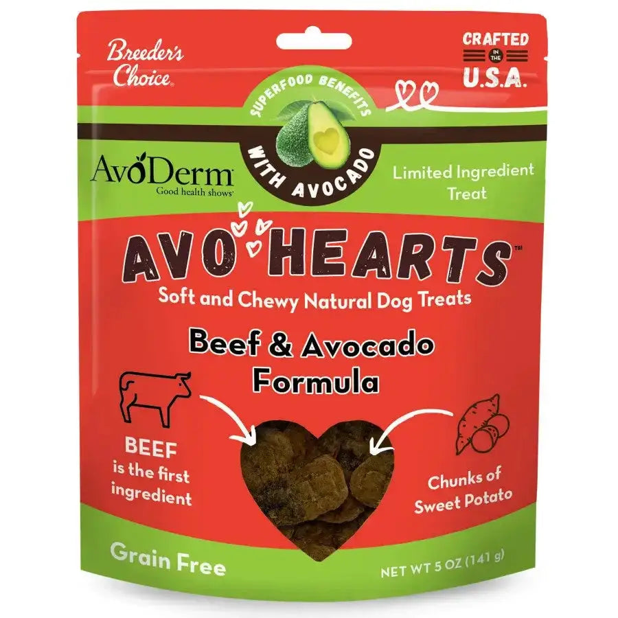 AvoDerm Natural AvoHearts Natural Dog Treats 5 oz by AvoDerm features Beef & Avocado Formula in a red-green package. The label spotlights superfood benefits, grain-free recipe with beef as the first ingredient, plus a clear window to view treats.