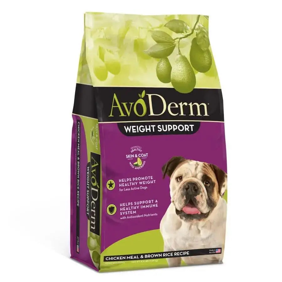 AvoDerm CPD Natural Brown Rice & Chicken Meal Weight Control Dry Dog Food for adult dogs, featuring Omega-rich avocados and a bulldog, supports healthy weight, skin, coat, and immune system.