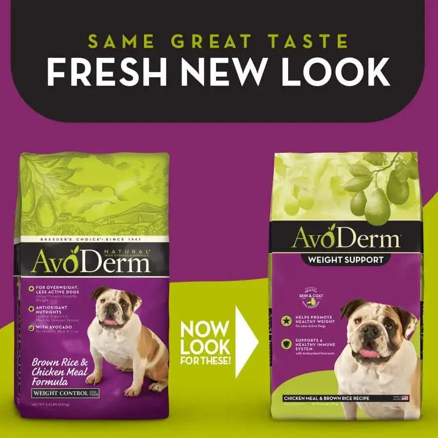 Two bags of AvoDerm CPD Natural Brown Rice & Chicken Meal Weight Control Dry Dog Food, in new and old packaging, feature an English bulldog, avocados, and text highlighting a Fresh New Look and weight support benefits.