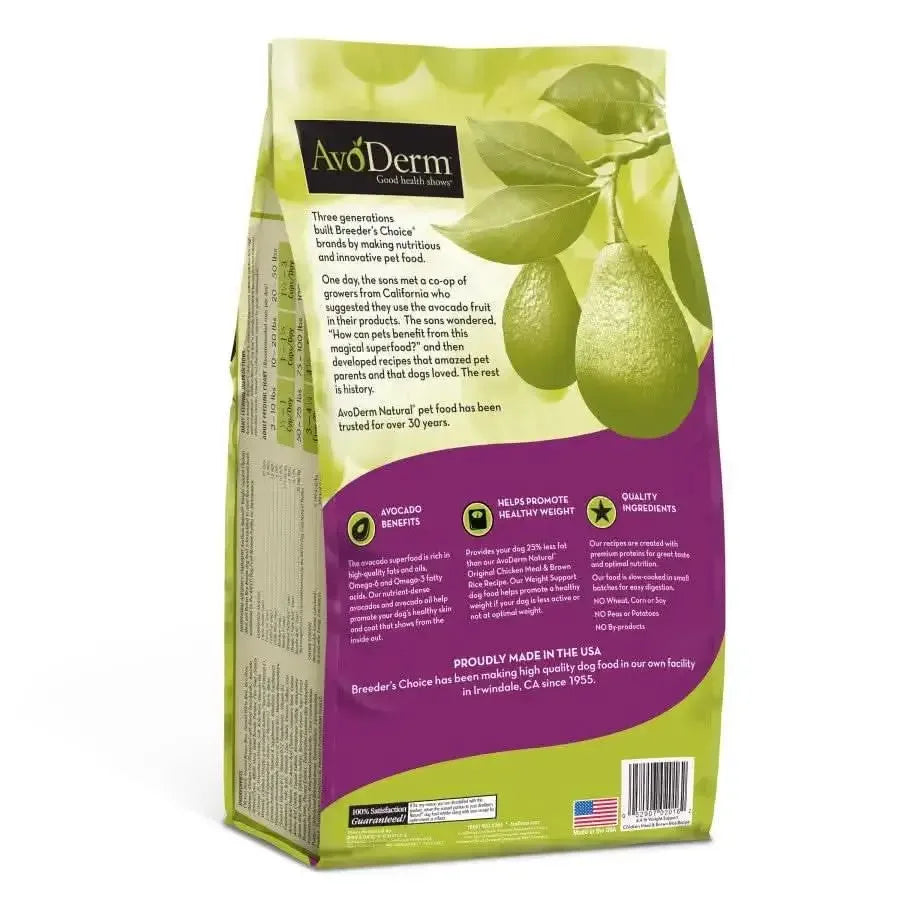 A bag of AvoDerm CPD Natural Brown Rice & Chicken Meal Weight Control Dry Dog Food is shown, featuring green and white packaging with omega-rich avocados, benefit icons, brand info, and a U.S. flag for Made in USA.