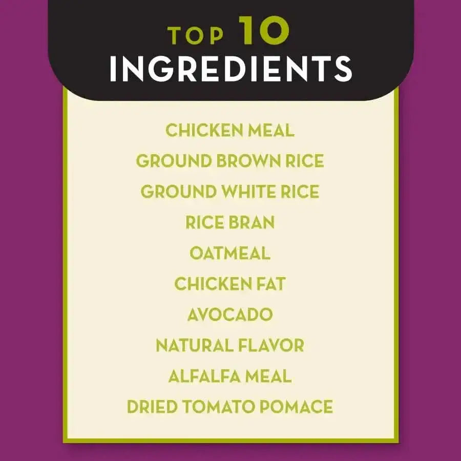 On a yellow background, Top 10 Ingredients showcases key components in AvoDerm CPD Natural Brown Rice & Chicken Meal Weight Control Dry Dog Food, including chicken meal, brown rice, oatmeal, and omega-rich avocados.