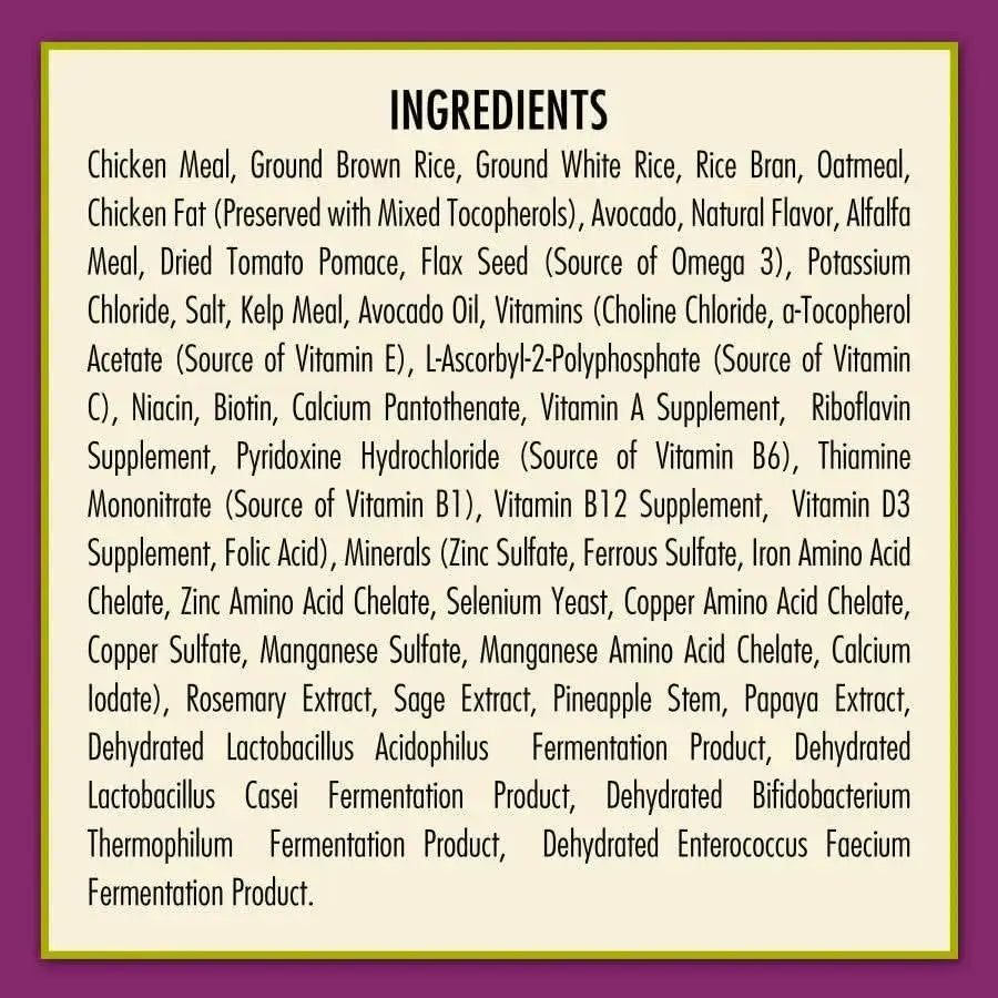 Under the bold heading INGREDIENTS, black text on a yellow background lists components of AvoDerm CPD Natural Brown Rice & Chicken Meal Weight Control Dry Dog Food: chicken meal, brown rice, vitamins, minerals, probiotics, plant extracts, and omega-rich avocados.