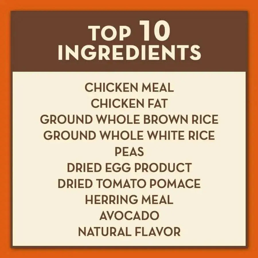 AvoDerm Natural Chicken & Herring Meal Formula Dry Kitten Food features chicken, herring meal, avocados, chicken fat, brown rice, peas, and dried egg product as top ingredients for growing kittens.