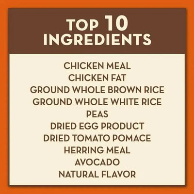 AvoDerm Natural Chicken & Herring Meal Formula Dry Kitten Food features chicken, herring meal, avocados, chicken fat, brown rice, peas, and dried egg product as top ingredients for growing kittens.