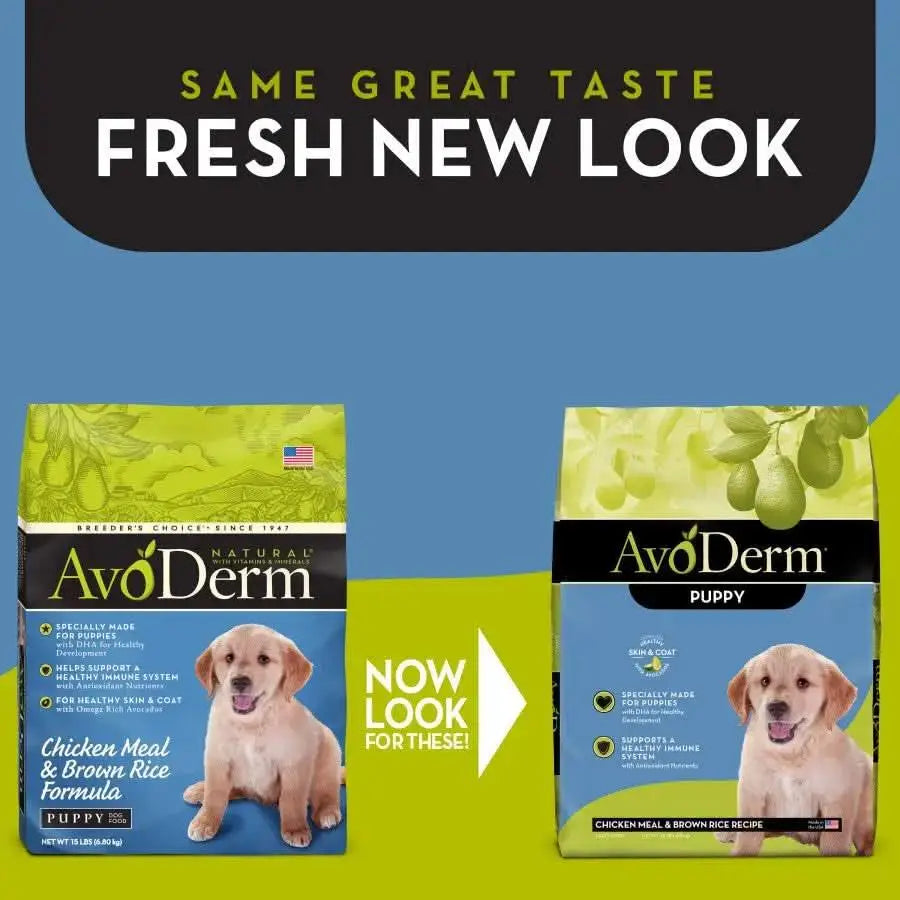 Two bags of AvoDerm Natural Chicken Meal & Brown Rice Formula Dry Puppy Food are shown: the former green-yellow design on the left and the new blue-yellow version on the right, both displaying a golden retriever puppy.