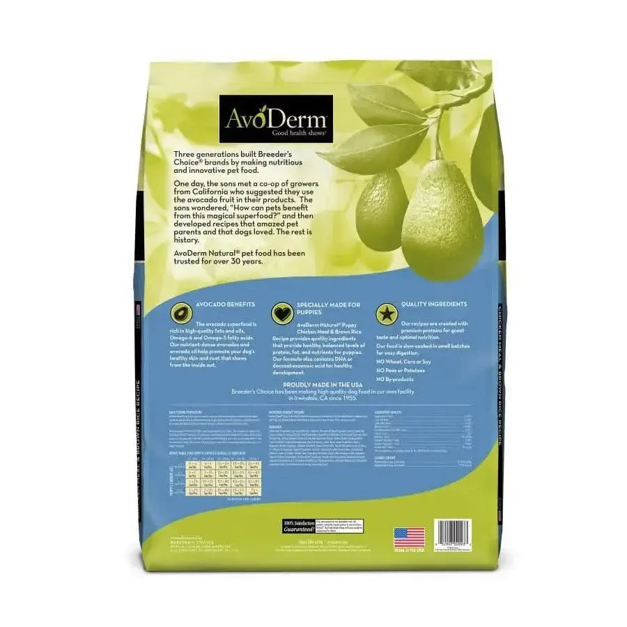 Back of an AvoDerm Natural Chicken Meal & Brown Rice Formula Dry Puppy Food bag highlights avocado benefits, features, and quality ingredients. Avocado images and green leaves adorn the top; barcode and American flag below. Proudly corn free.