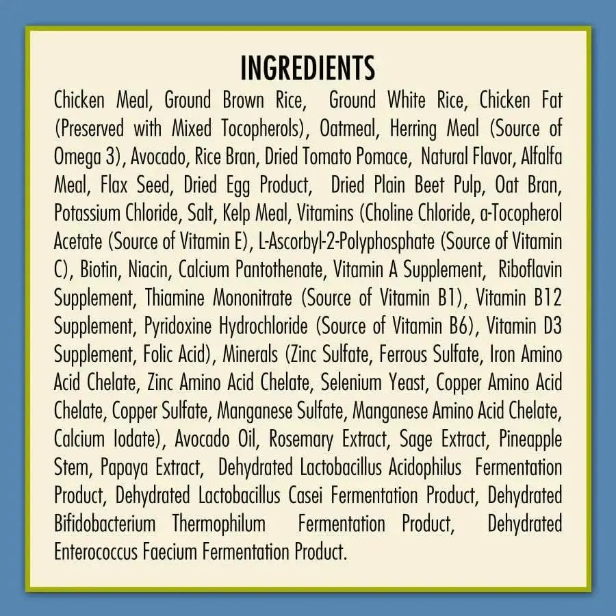 AvoDerm Natural Chicken Meal & Brown Rice Formula Puppy Food lists chicken meal, brown rice, oats, veggies, vitamins, minerals, and probiotics on a blue-bordered card—ideal for those wanting corn-free puppy food.