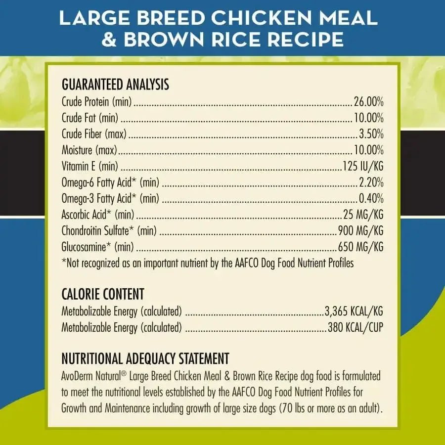 AvoDerm Natural Chicken Meal & Brown Rice Formula Large Breed Dry Dog Food 26 lb - Talis Us