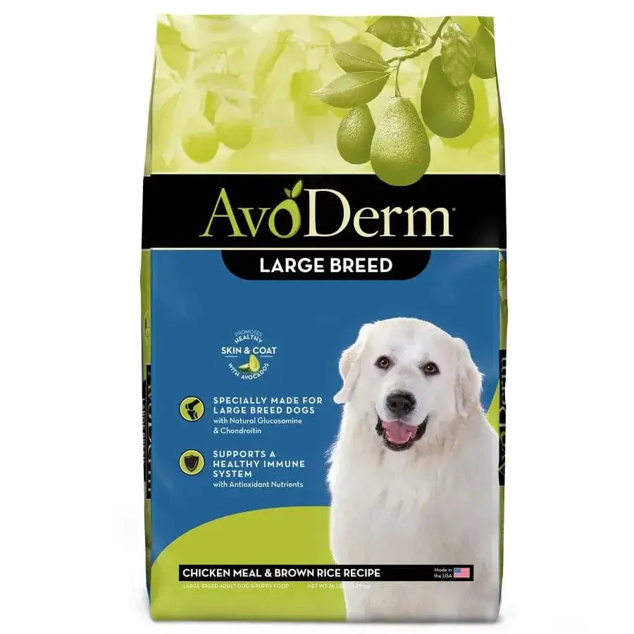 AvoDerm Natural Chicken Meal & Brown Rice Formula Large Breed Dry Dog Food features a smiling white dog on the bag and supports skin, coat, and immune system health.